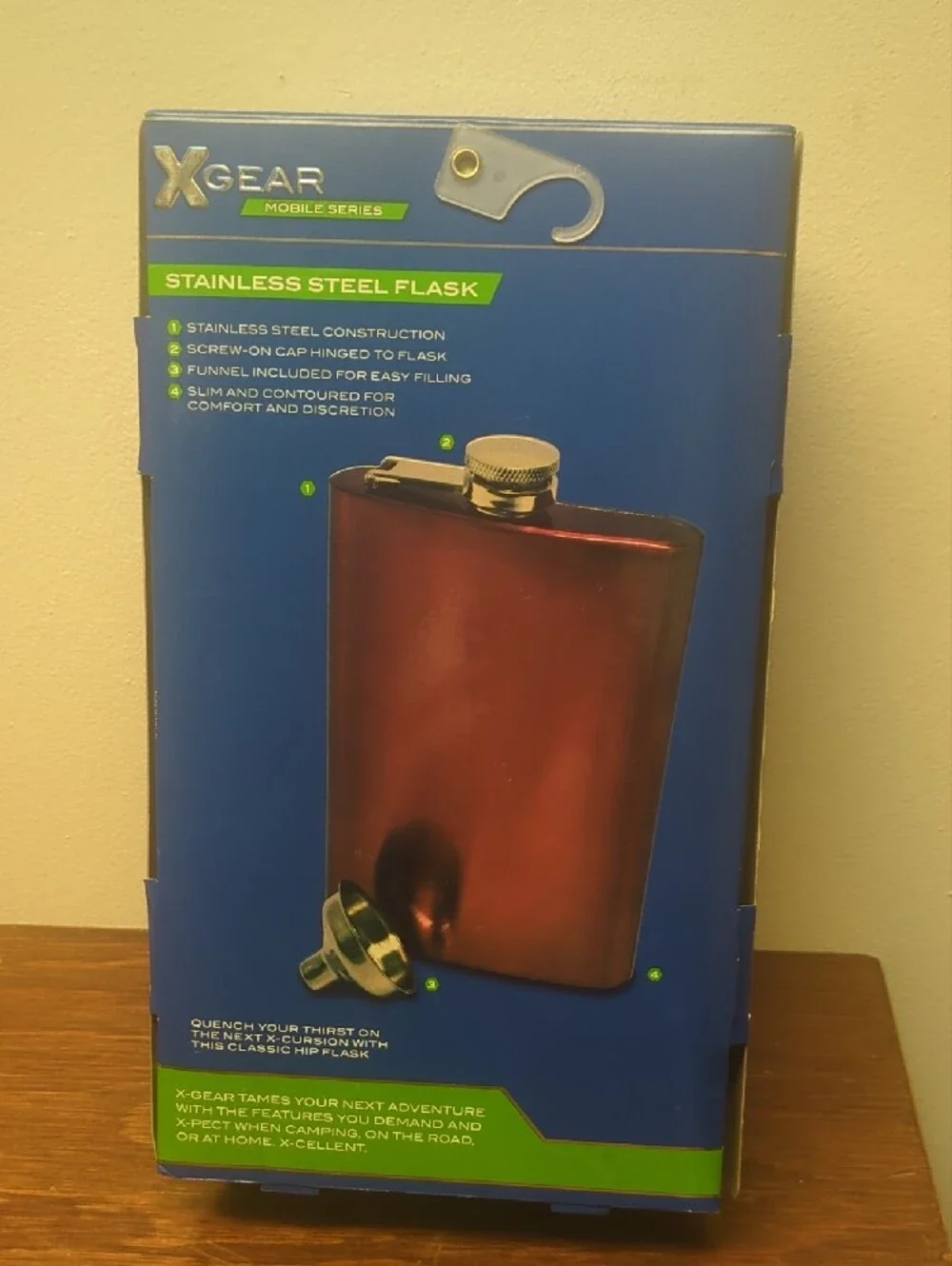 XGear Blue Stainless Steel Flask – 8 oz Slim Contoured Fit, Funnel Nib